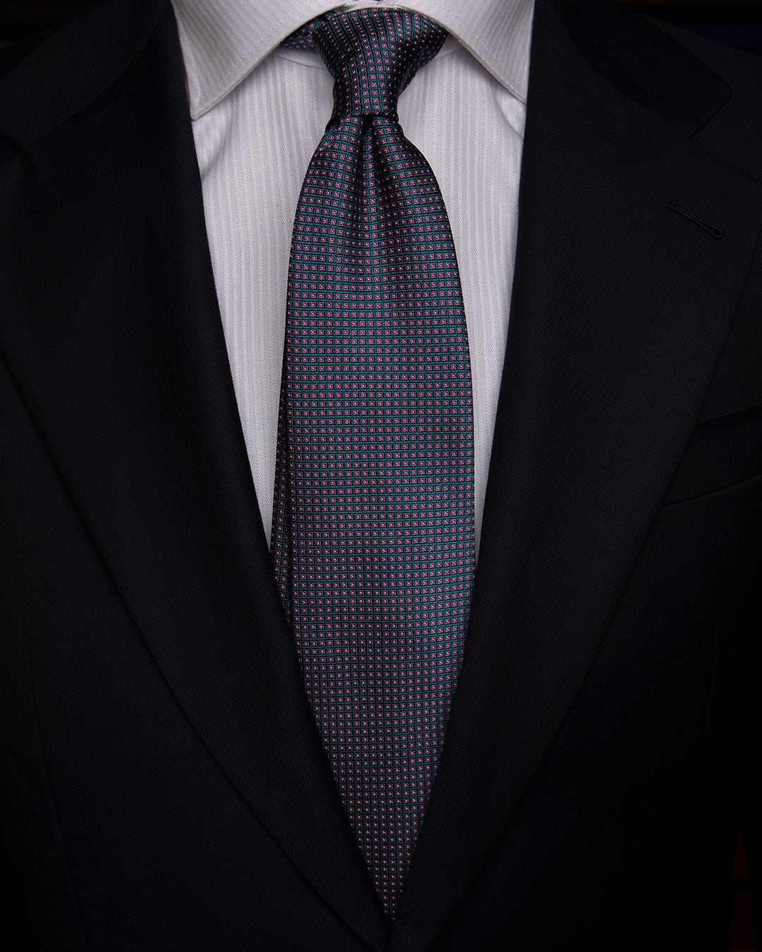 Bordeaux Jacquard Tie with Emerald Green and Cyclamen Pink Micro-Checks