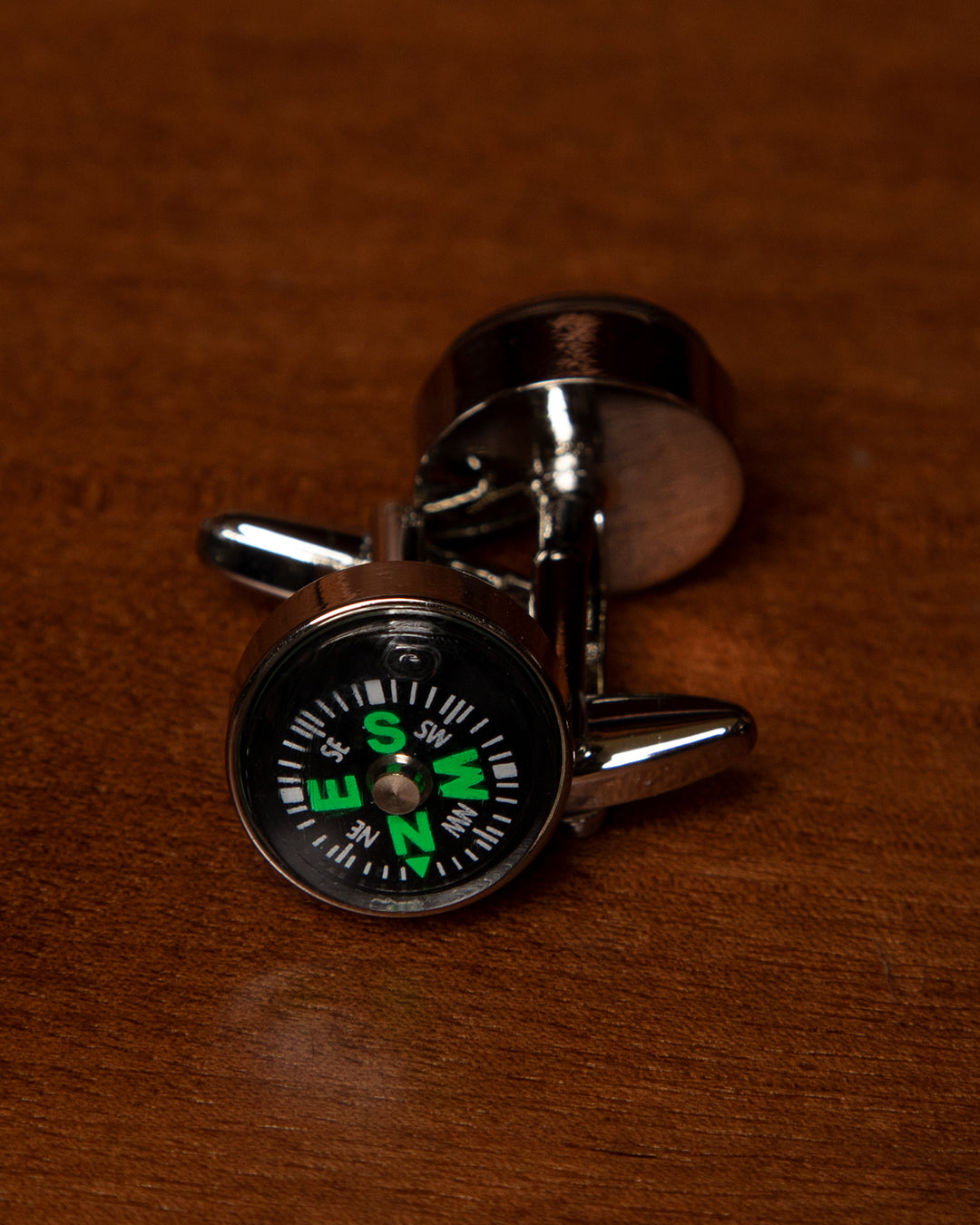 Silver-Tone Cufflinks with Black and Green Compass