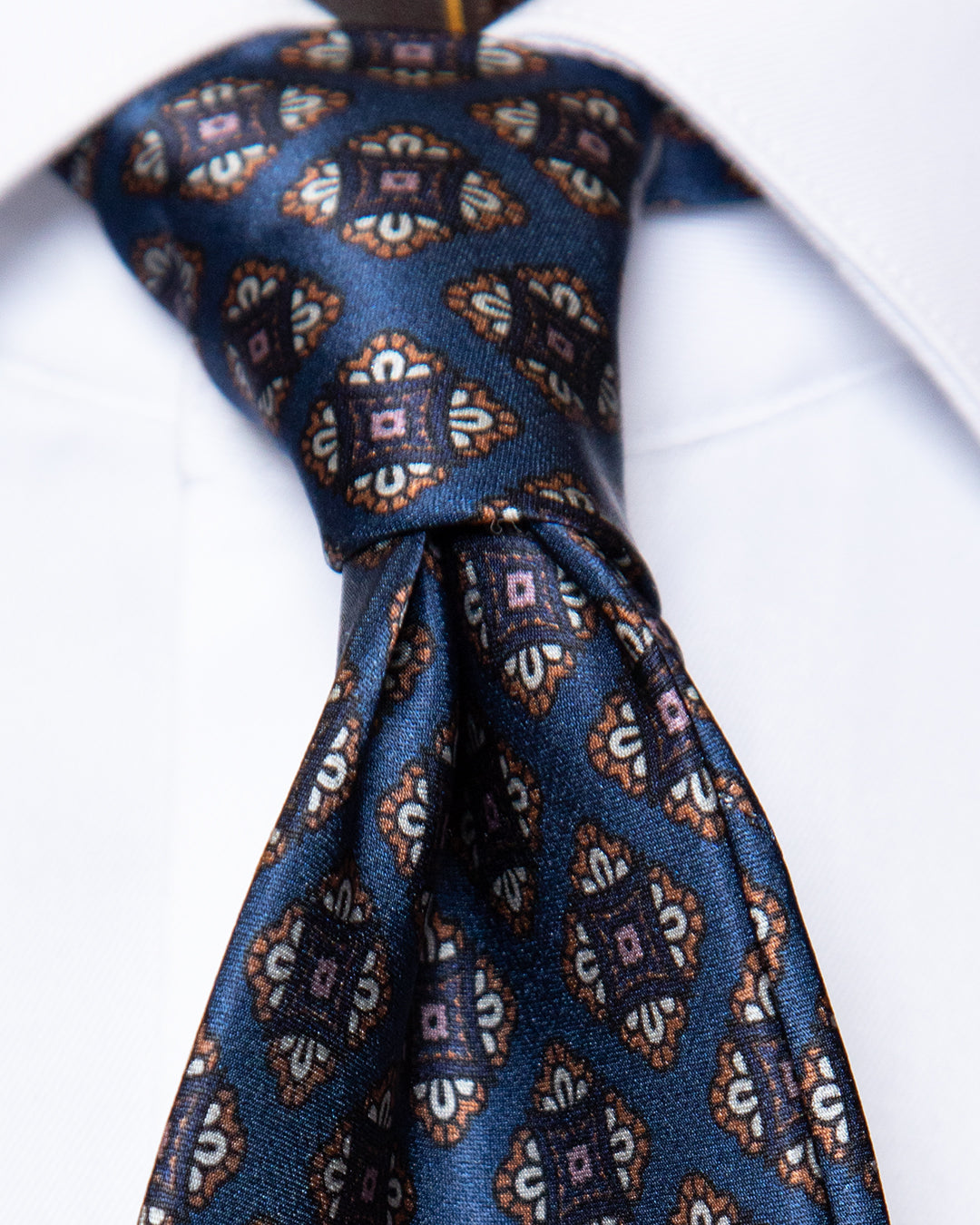 Blue Silk Tie with Brown and Grey Floral Diamonds
