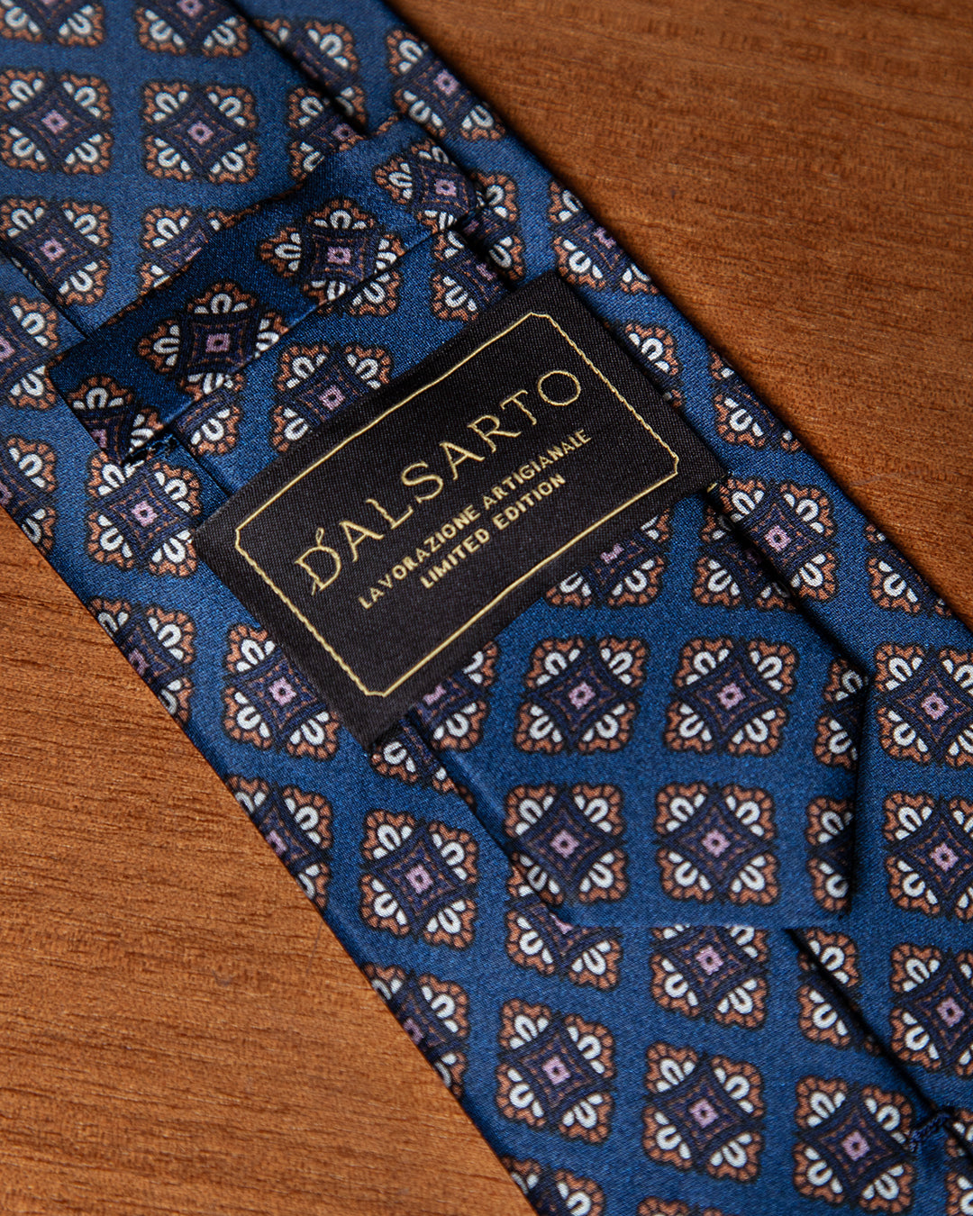 Blue Silk Tie with Brown and Grey Floral Diamonds