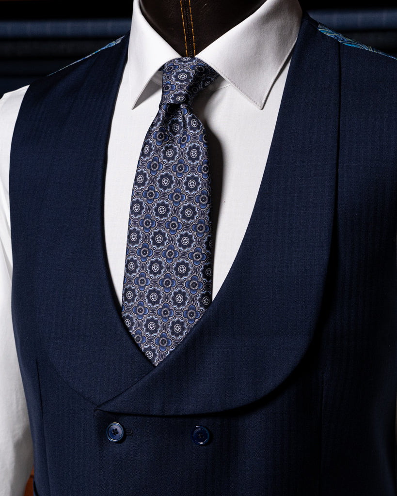 Double-breasted blue herringbone waistcoat