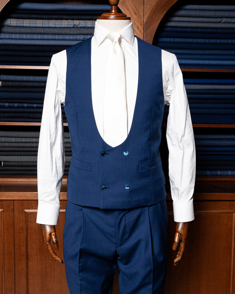 Bernini Navy Blue Herringbone Suit with Vest