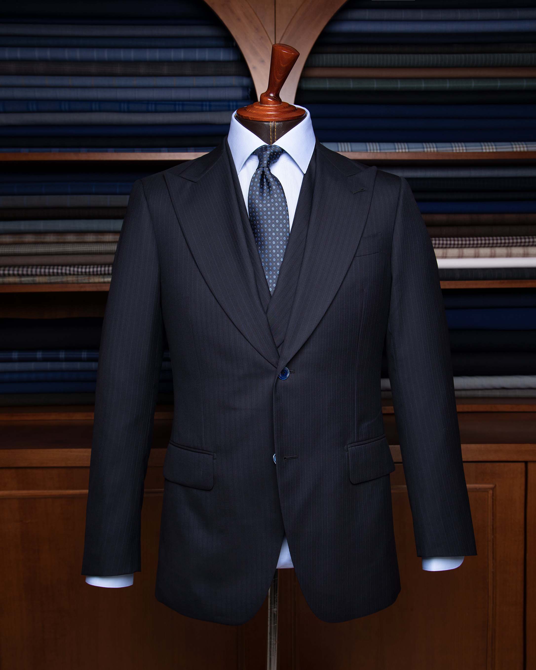 Navy Blue Pinstripe Suit with Light Blue Stripes
