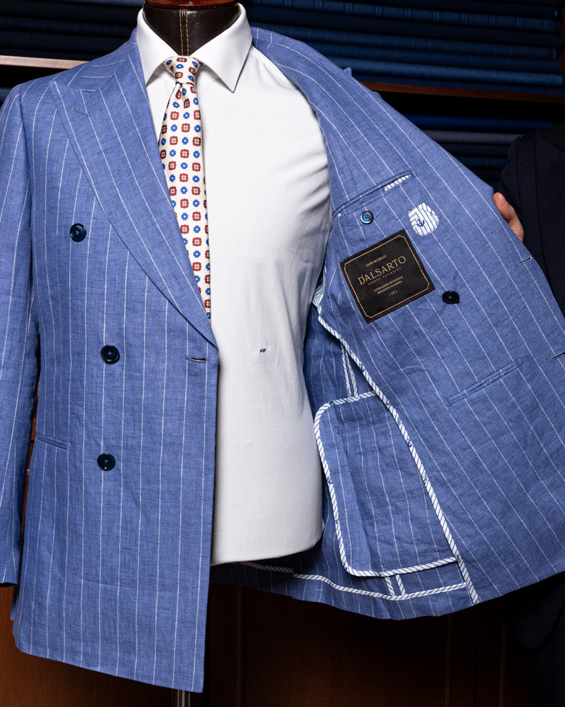 Abito Canova Gessato Blu Chiaro Lino Sfoderato