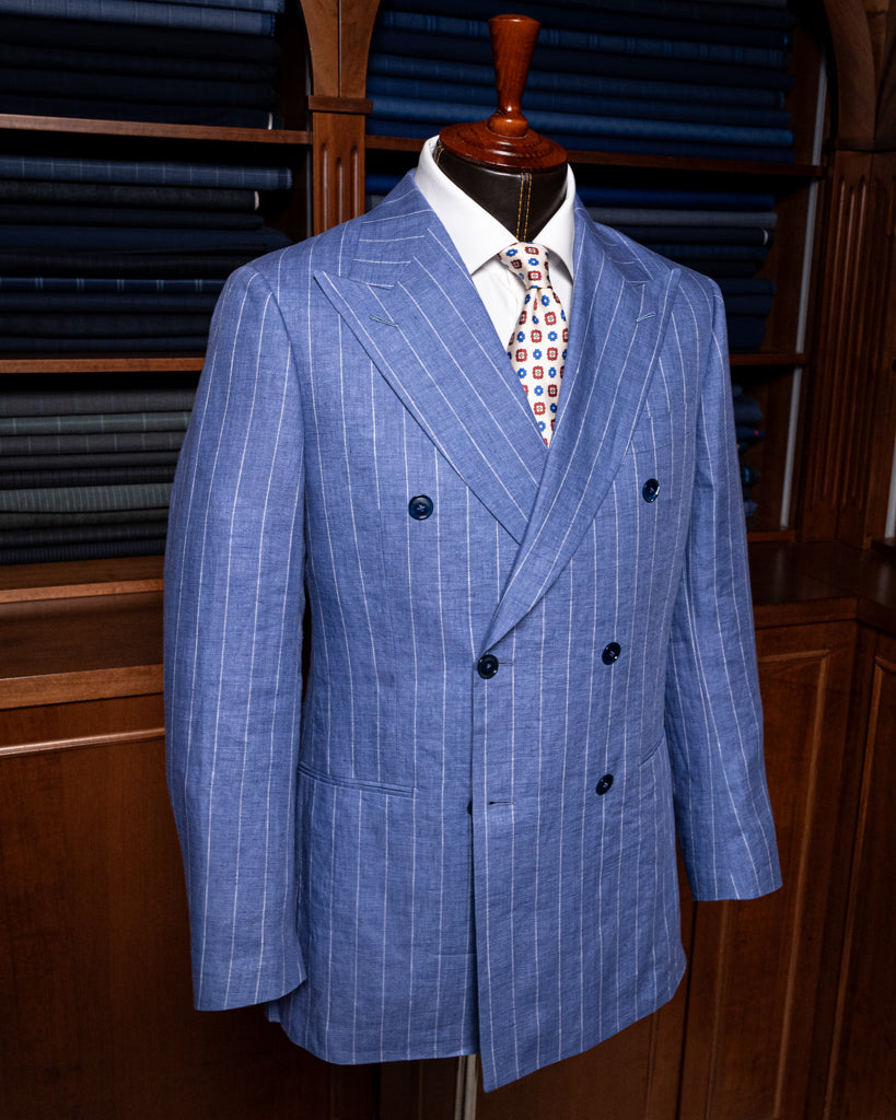 Abito Canova Gessato Blu Chiaro Lino Sfoderato