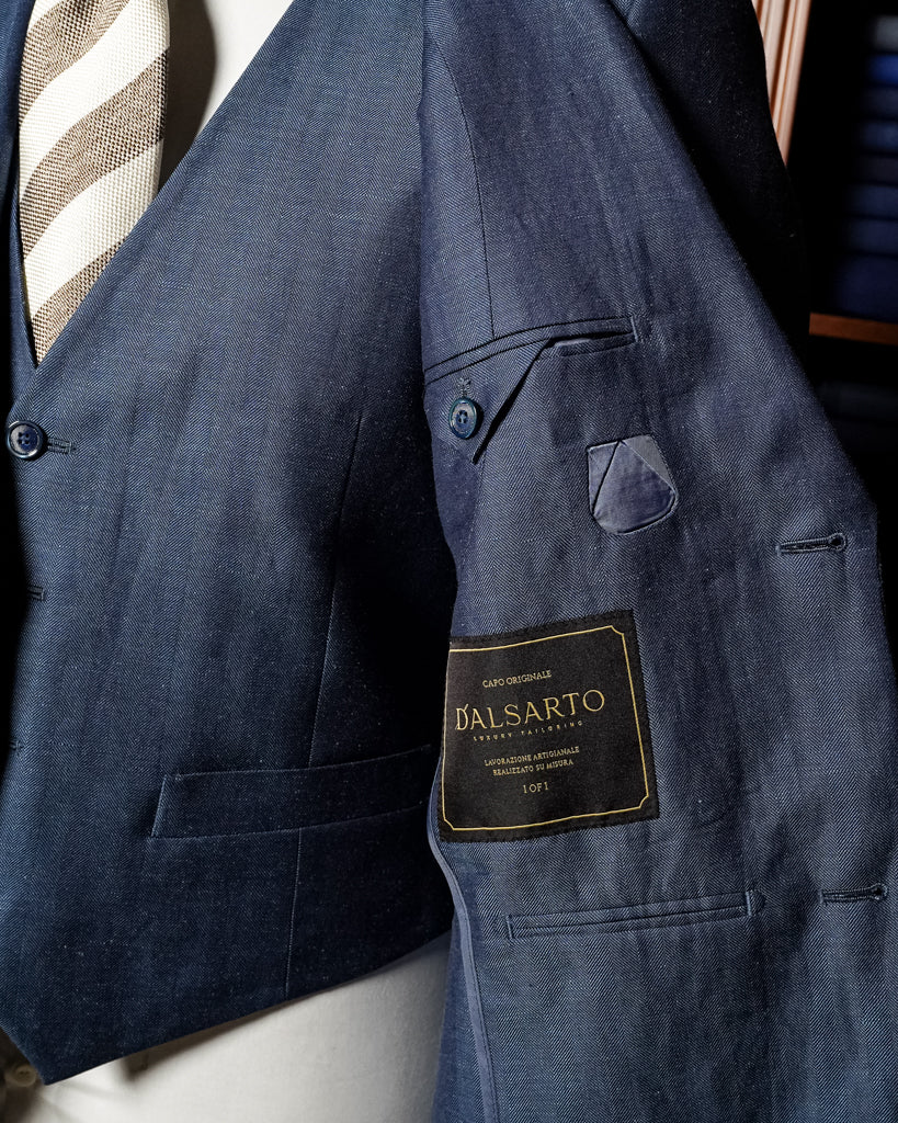 Giotto Herringbone Blue Linen suit with Vest