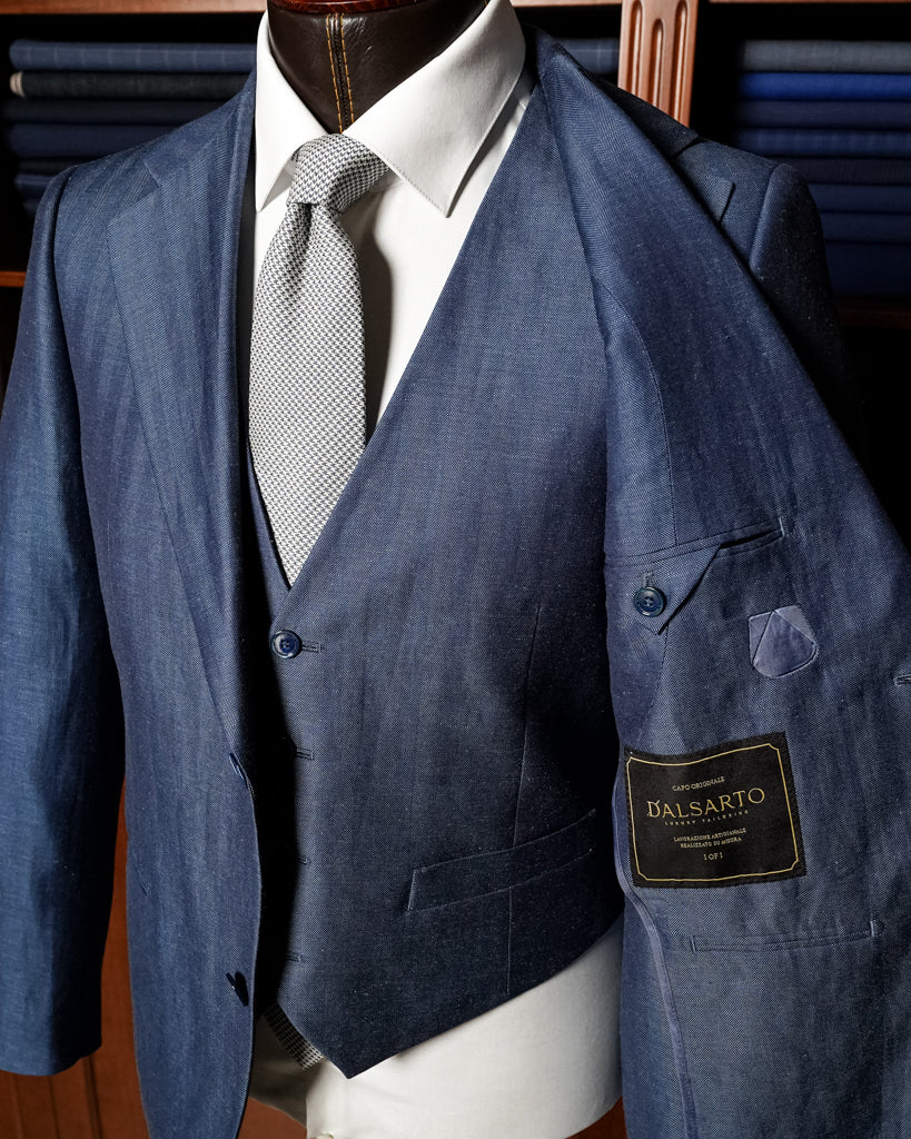 Abito Giotto Spinato Lino Blu con Gilet