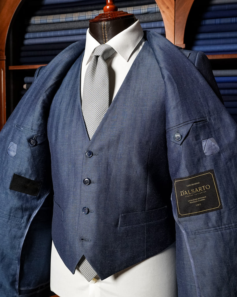 Abito Giotto Spinato Lino Blu con Gilet