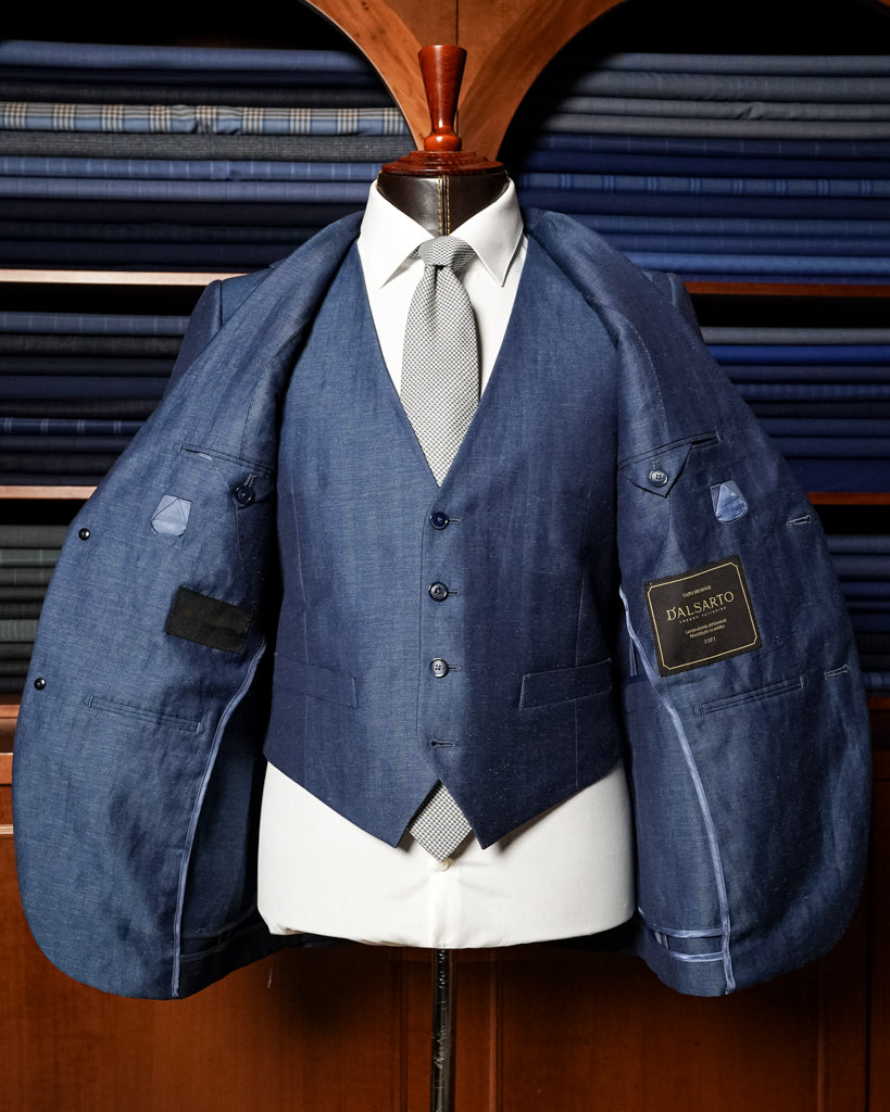 Abito Giotto Spinato Lino Blu con Gilet