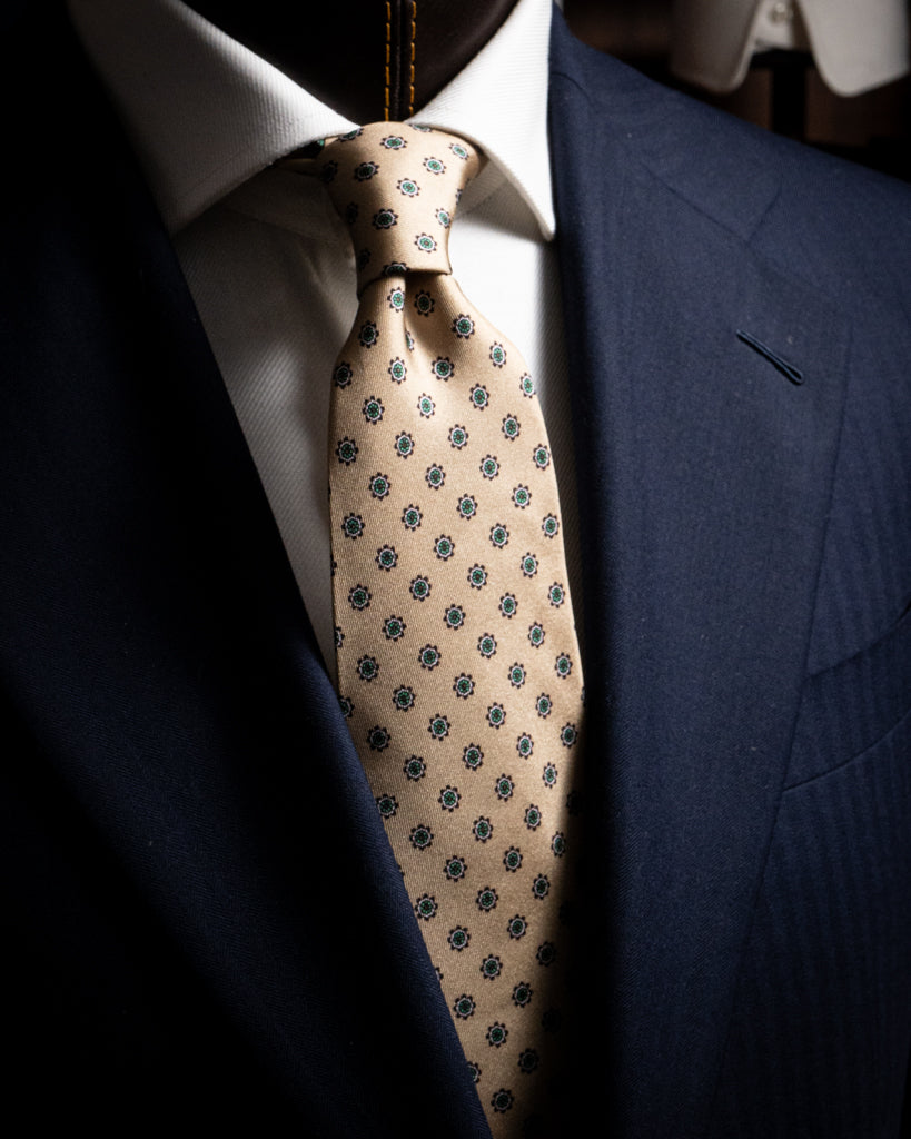 Agostino Beige Tie with Green Flowers