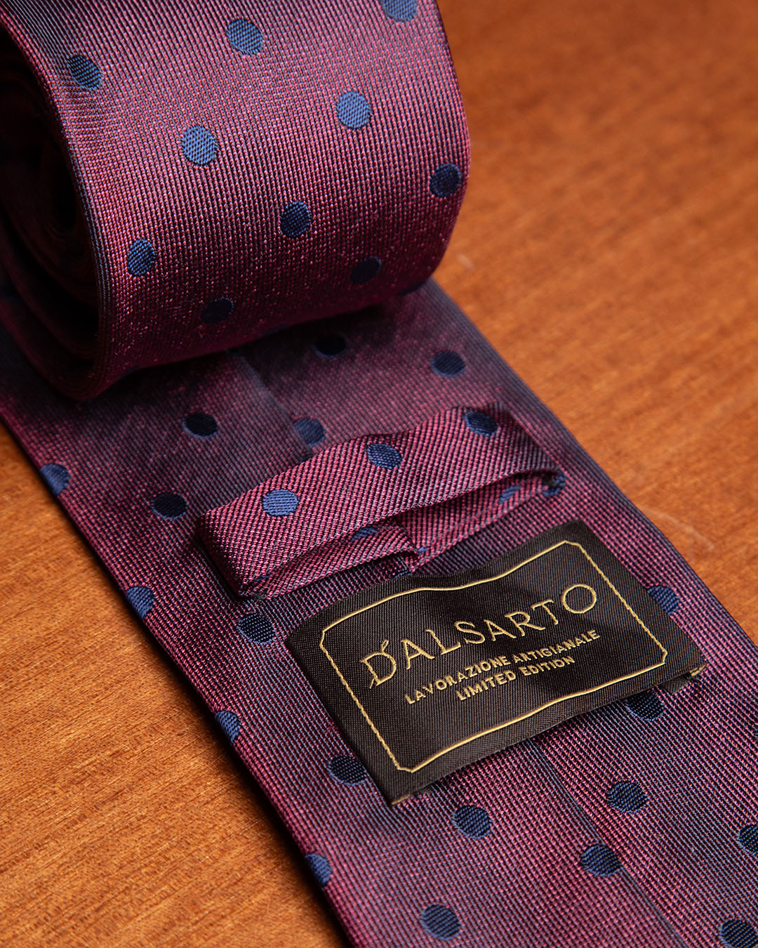 Bordeaux Tie with Blue Polka Dots