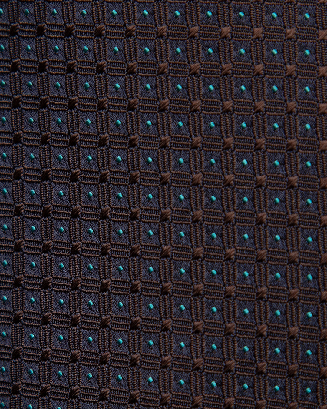 Cravatta Jacquard Blu Notte Con Griglia Marrone Caffè E Puntini Azzurri