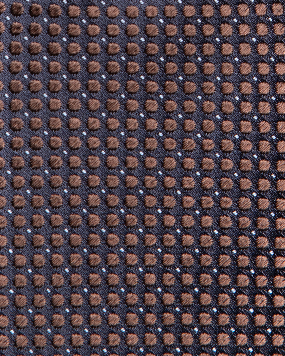 Cravatta Jacquard Blu Notte Con Microcerchi Marrone Caffè E Puntini Azzurri