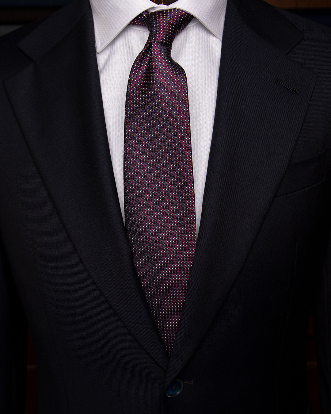 Midnight Blue Jacquard Tie with Burgundy Diamonds and Ivory Accents