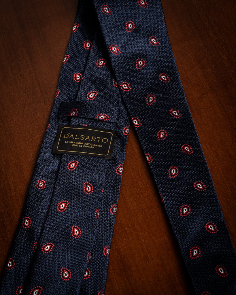 Midnight Blue Jacquard Tie with Minium Red and Cream White Paisley