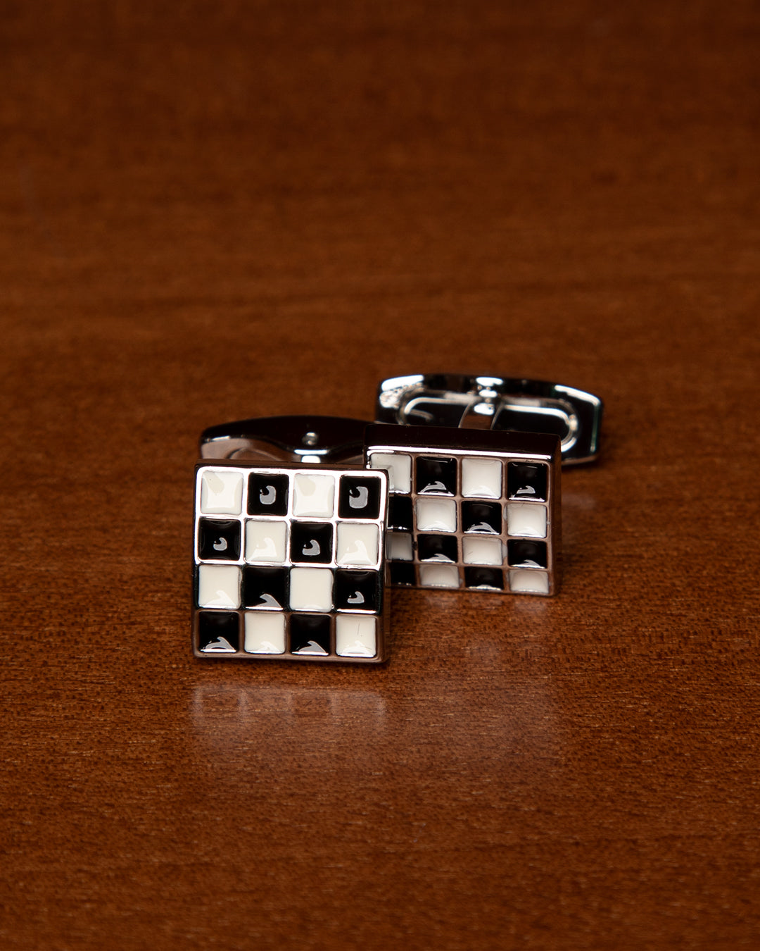 Silver-Colored Cufflinks with Black and White Checkered Pattern