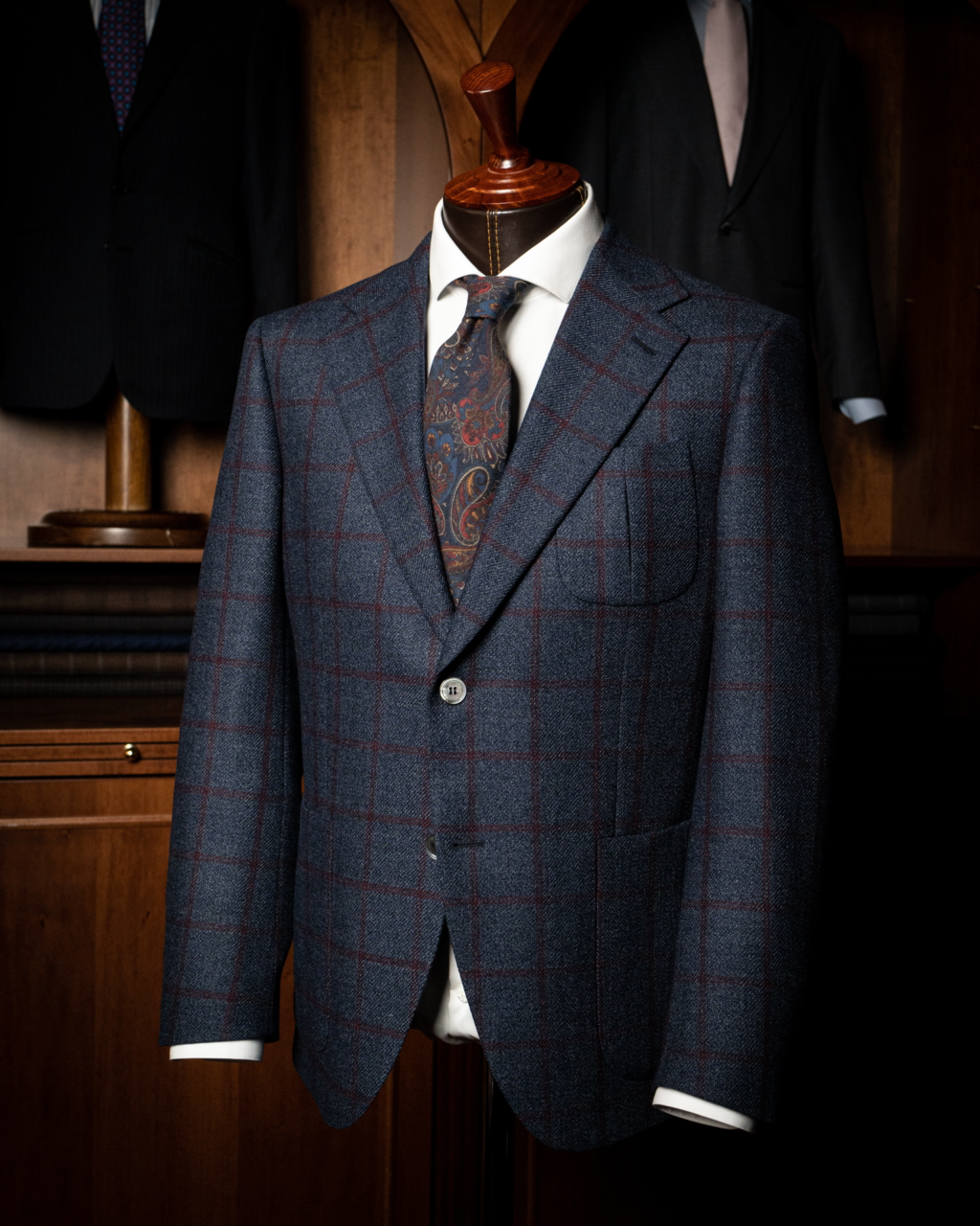 Giacca Casual Blu con Quadri Rossi