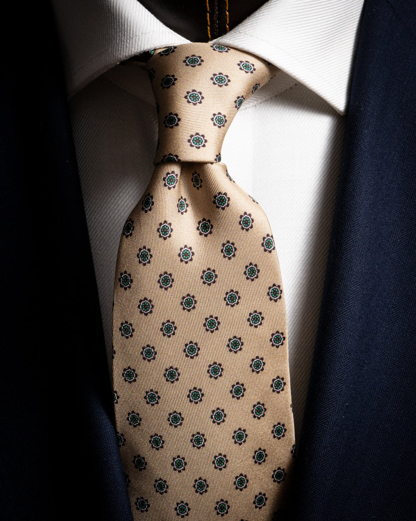 Agostino Beige Tie with Green Flowers