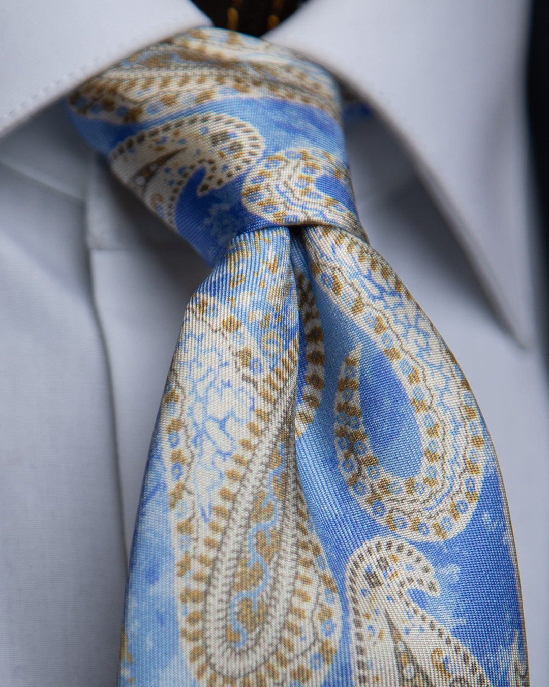 Cravatta Ceruleo con Fantasia Paisley Oro