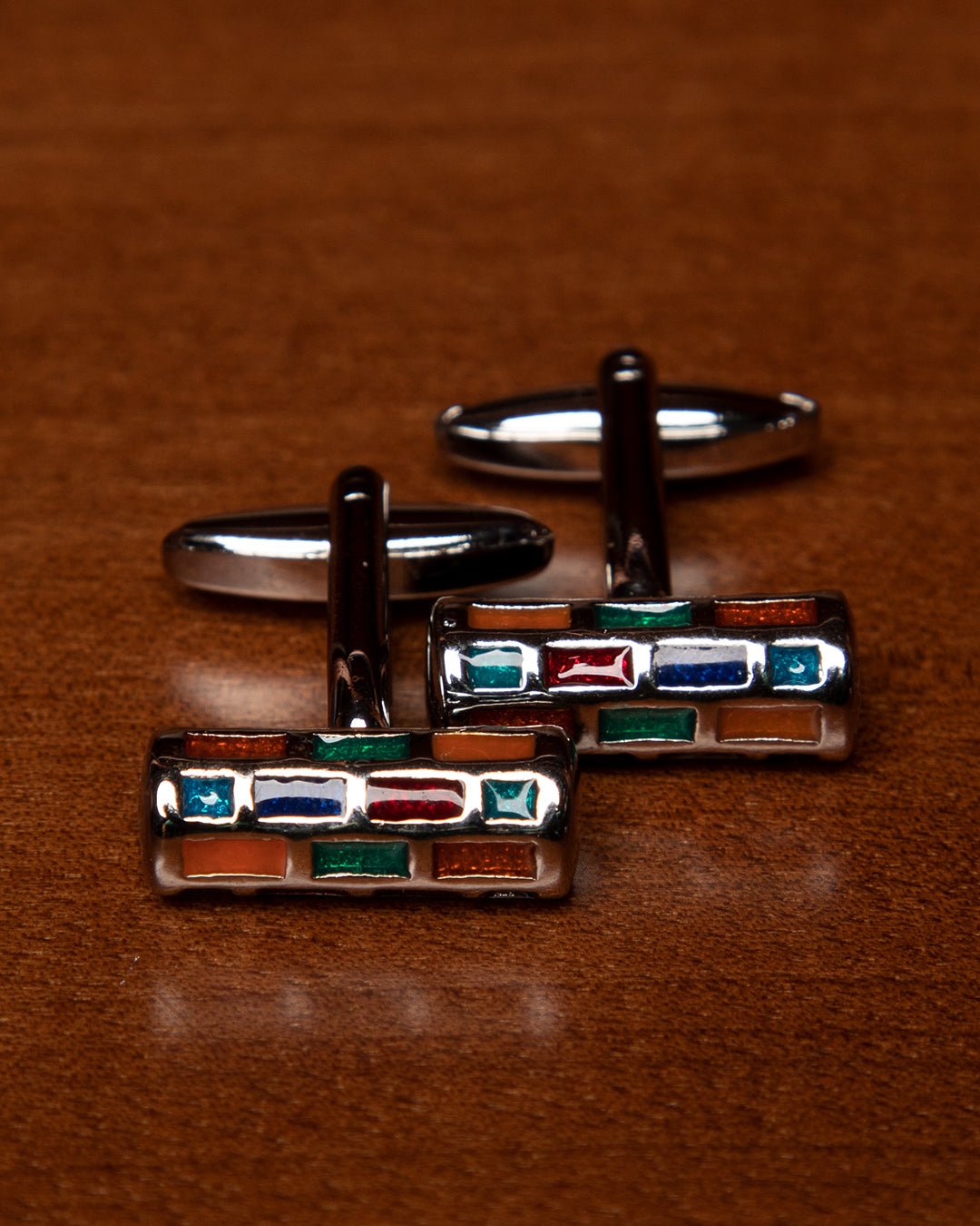 Silver Colored Cufflinks with Multicolored Rectangles
