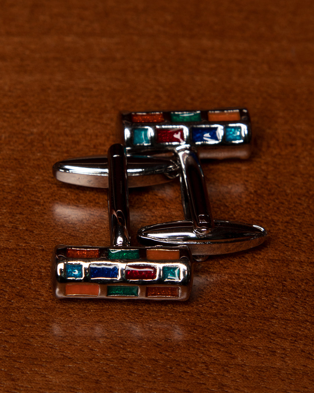 Silver Colored Cufflinks with Multicolored Rectangles