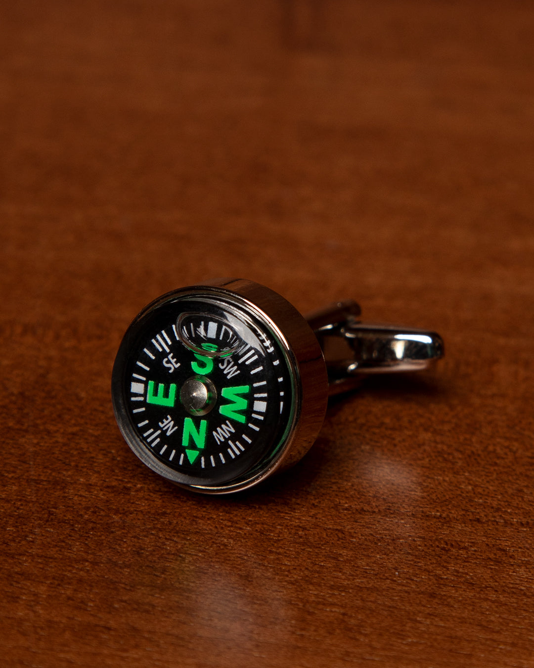 Silver-Tone Cufflinks with Black and Green Compass