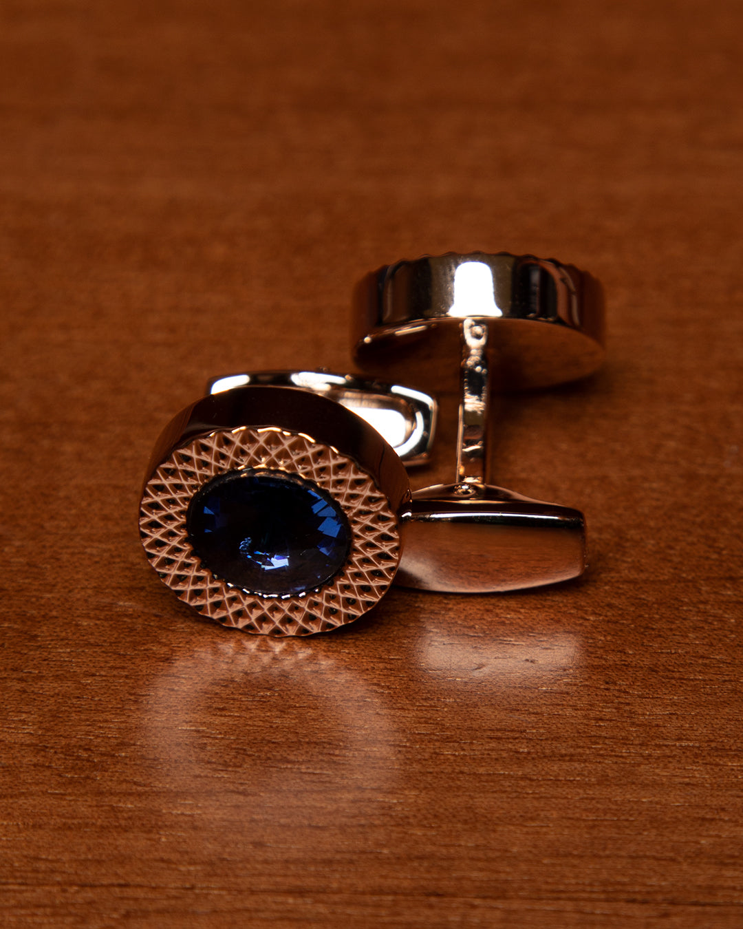 Gold Colored Cufflinks with Blue Stone Set