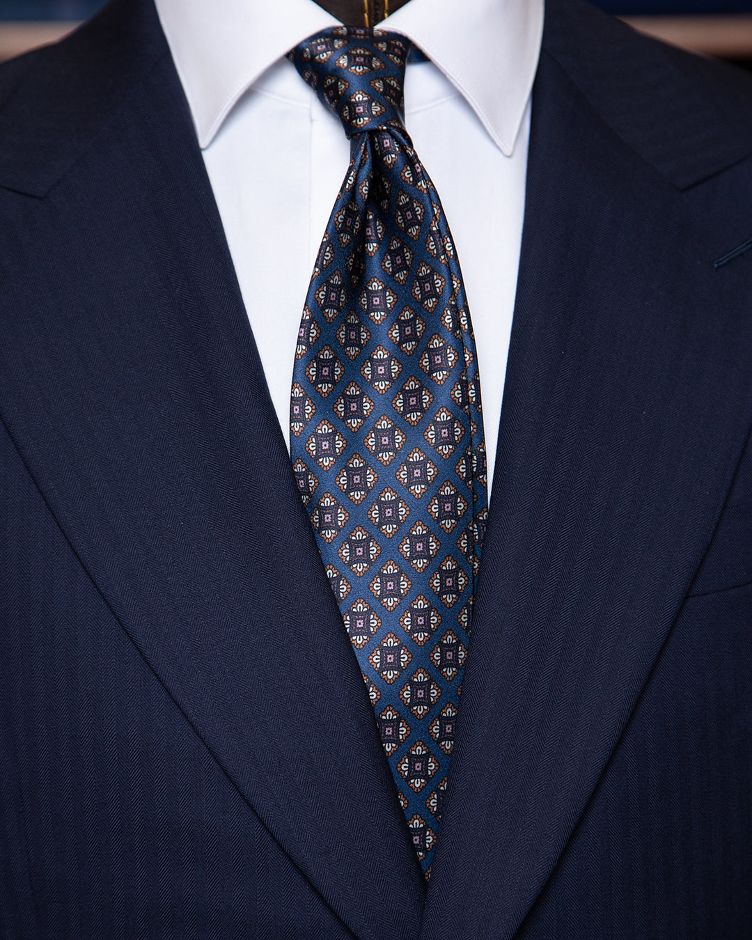 Blue Silk Tie with Brown and Grey Floral Diamonds
