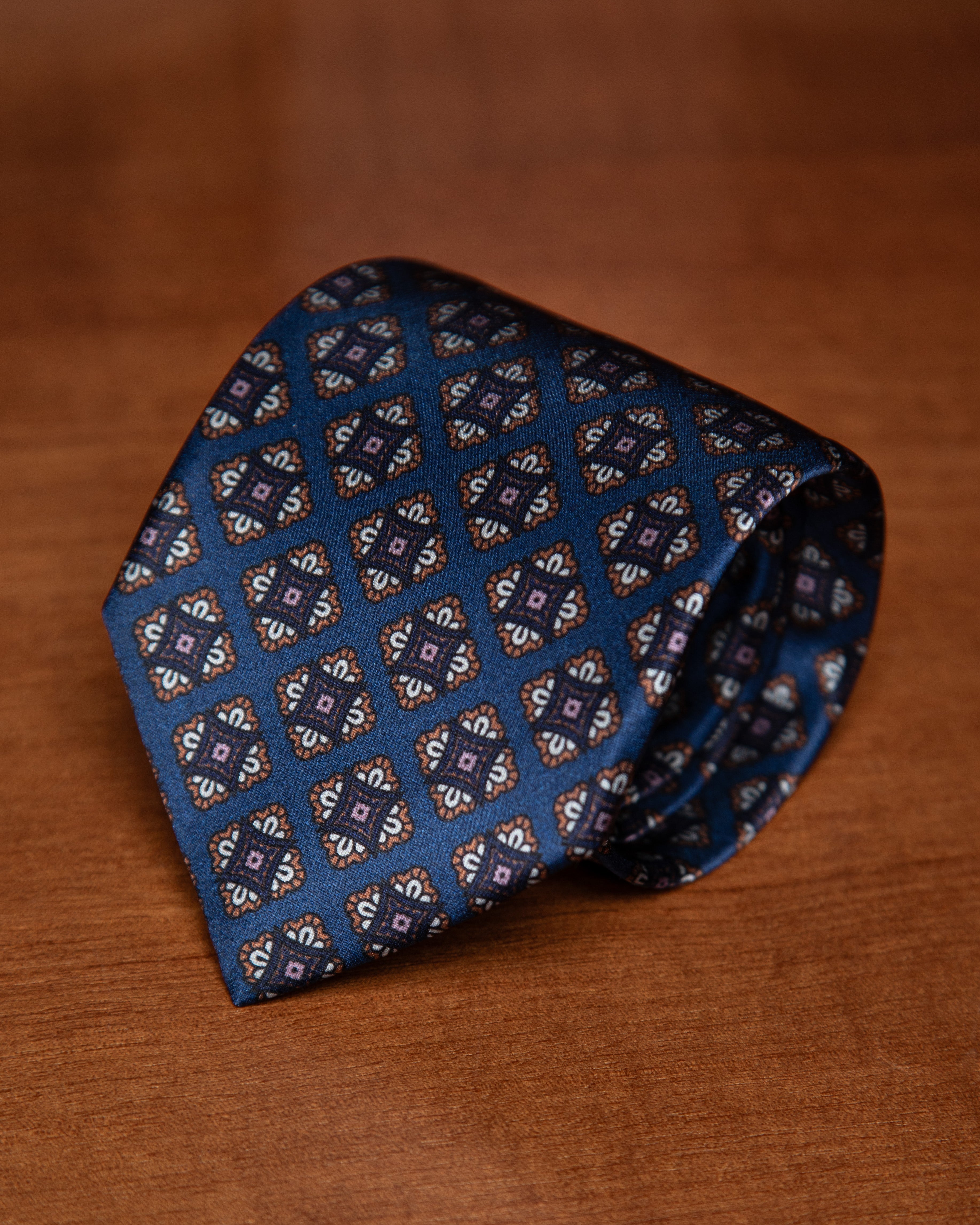 Blue Silk Tie with Brown and Grey Floral Diamonds