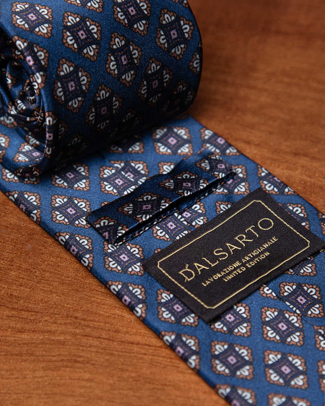 Blue Silk Tie with Brown and Grey Floral Diamonds