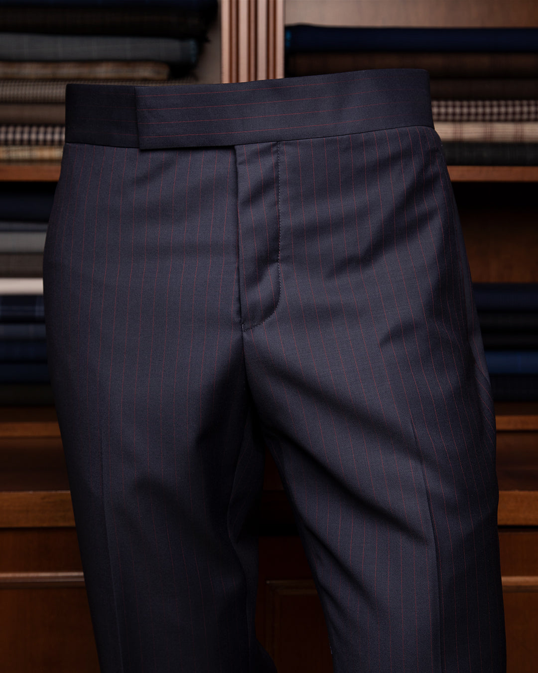 Pantalone Blu Notte con Gessato Rosso