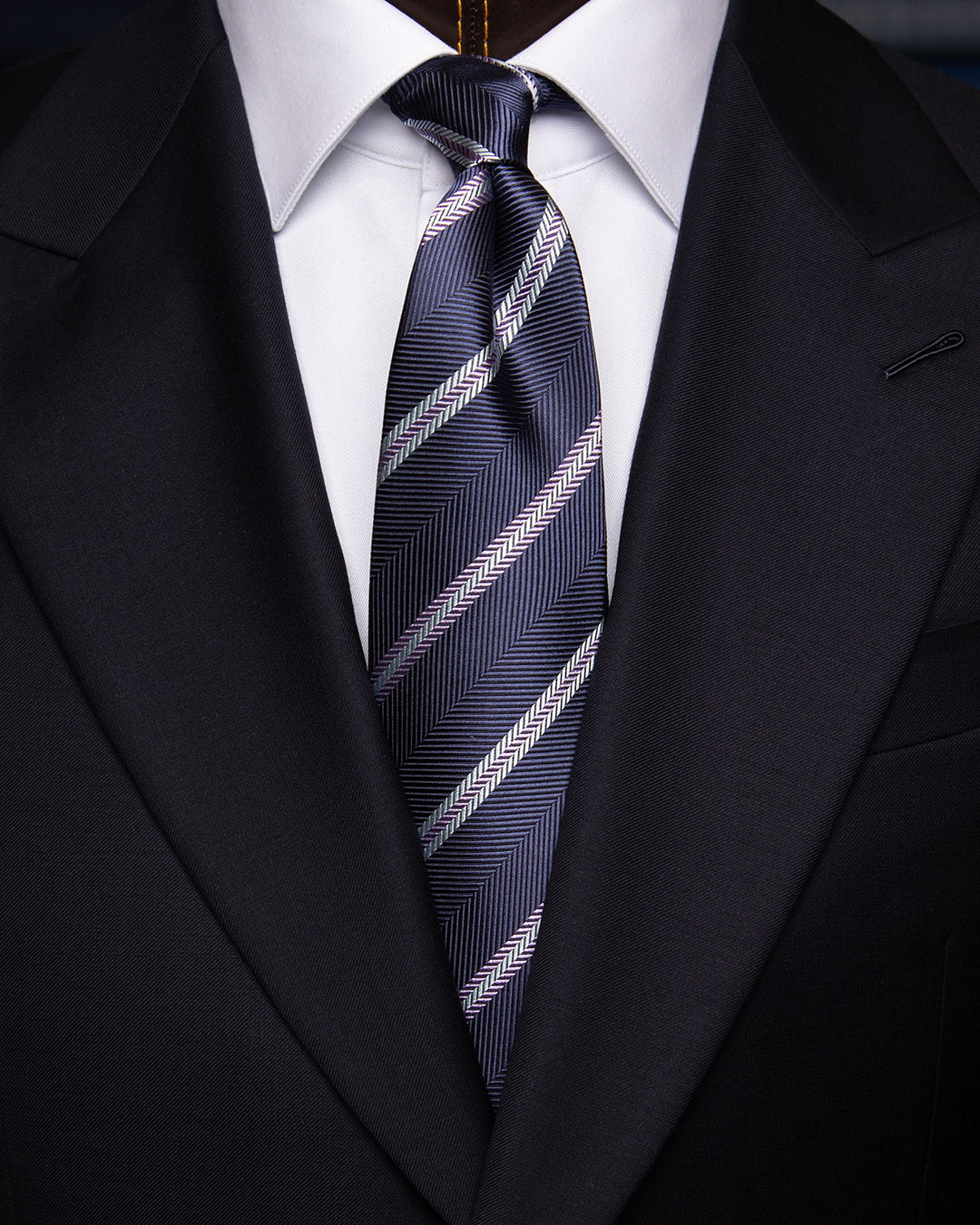 Regimental Midnight Blue Tie with Grey and Lilac Herringbone Pattern