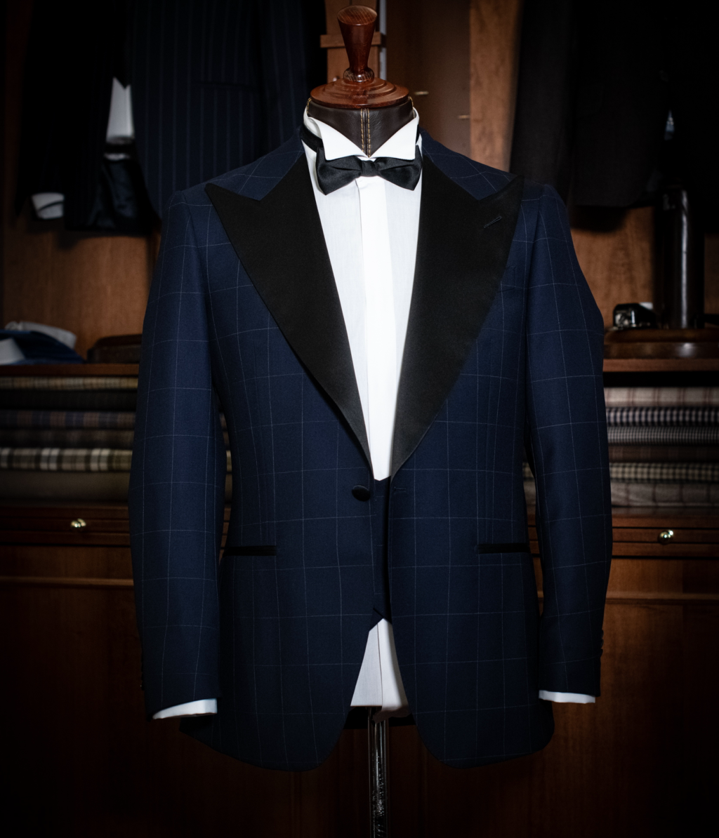 Michelangelo Blue Checked Tuxedo with Black Lapel