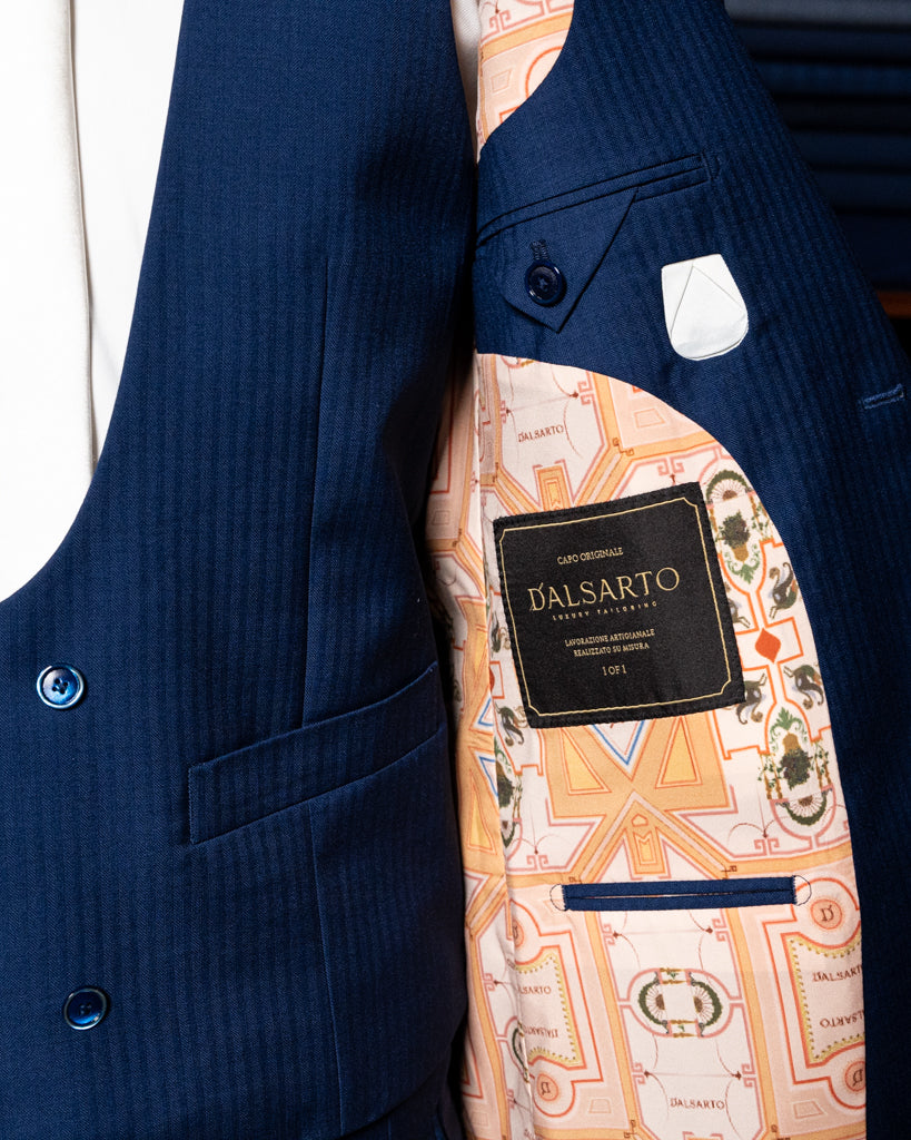 Bernini Navy Blue Herringbone Suit with Vest