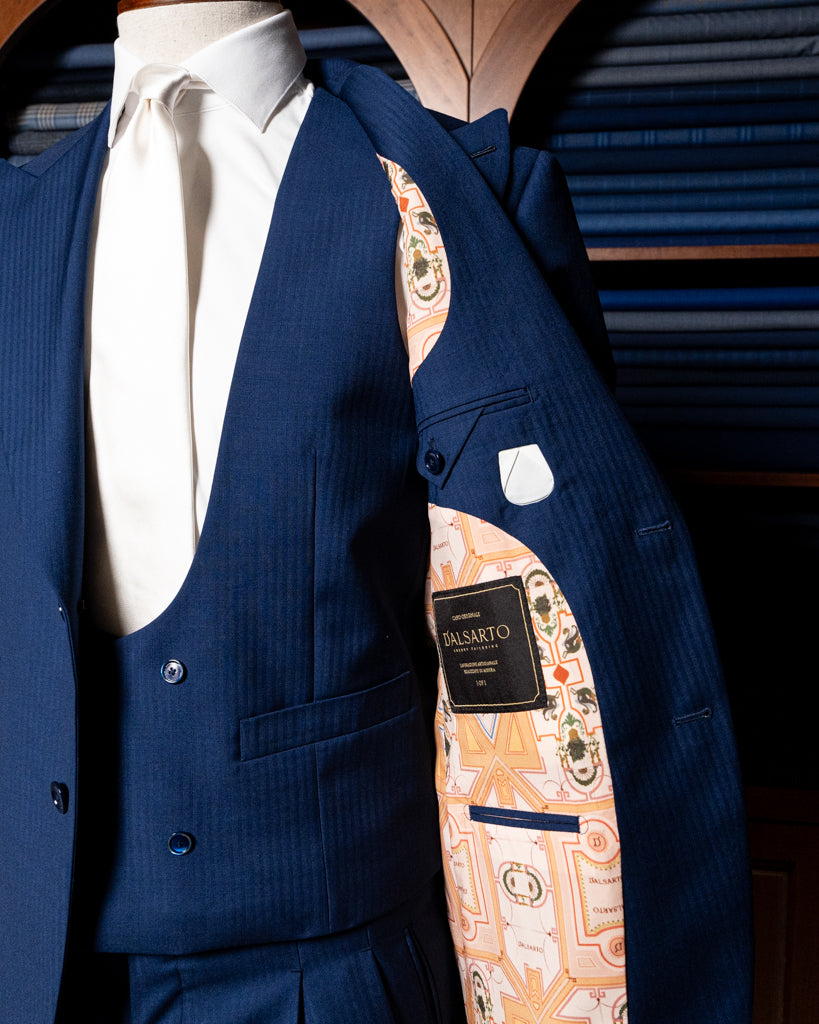Bernini Navy Blue Herringbone Suit with Vest