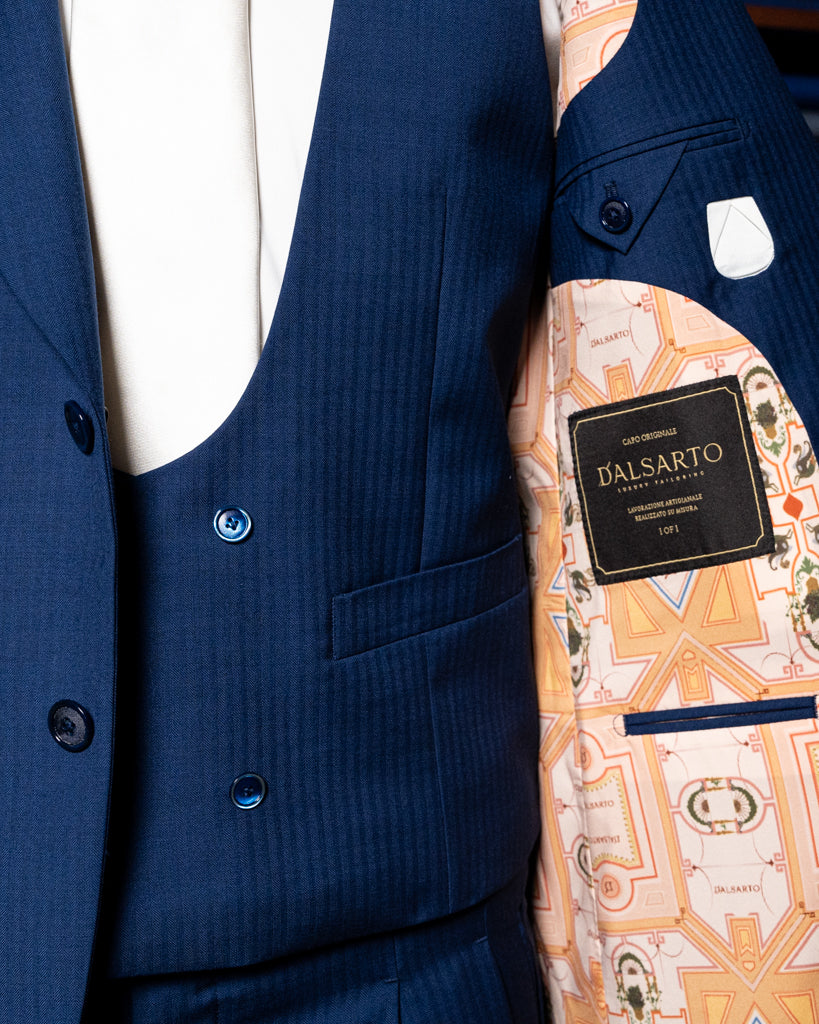 Bernini Navy Blue Herringbone Suit with Vest