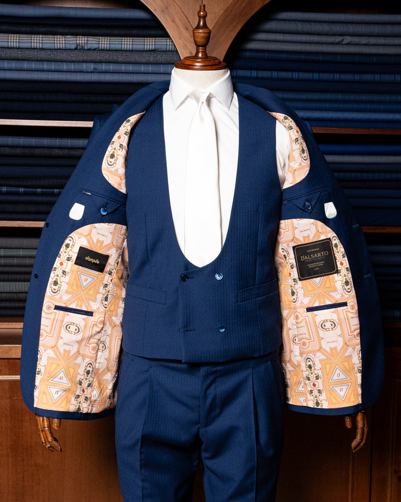 Bernini Navy Blue Herringbone Suit with Vest