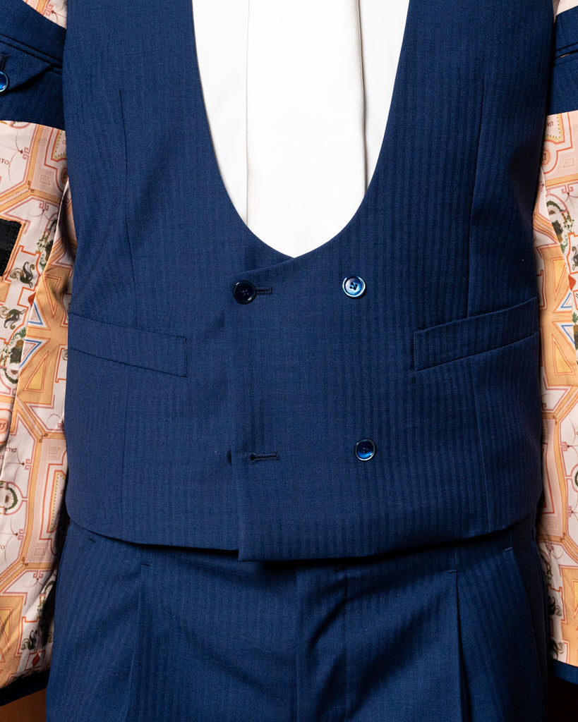 Bernini Navy Blue Herringbone Suit with Vest