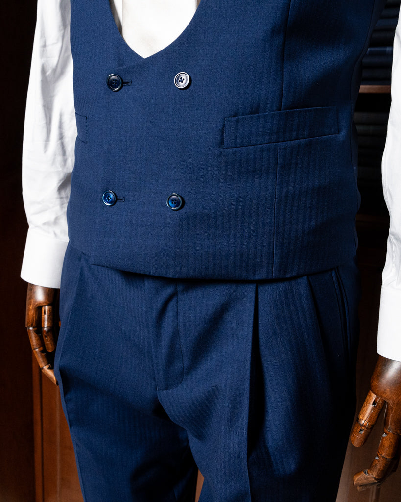 Bernini Navy Blue Herringbone Suit with Vest