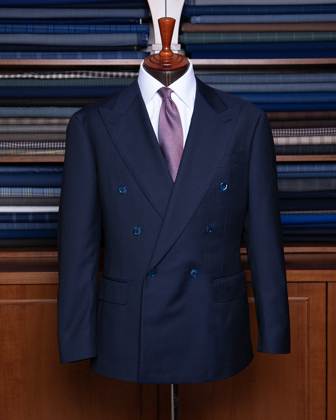 Perugino Double-Breasted Suit in Blue Herringbone