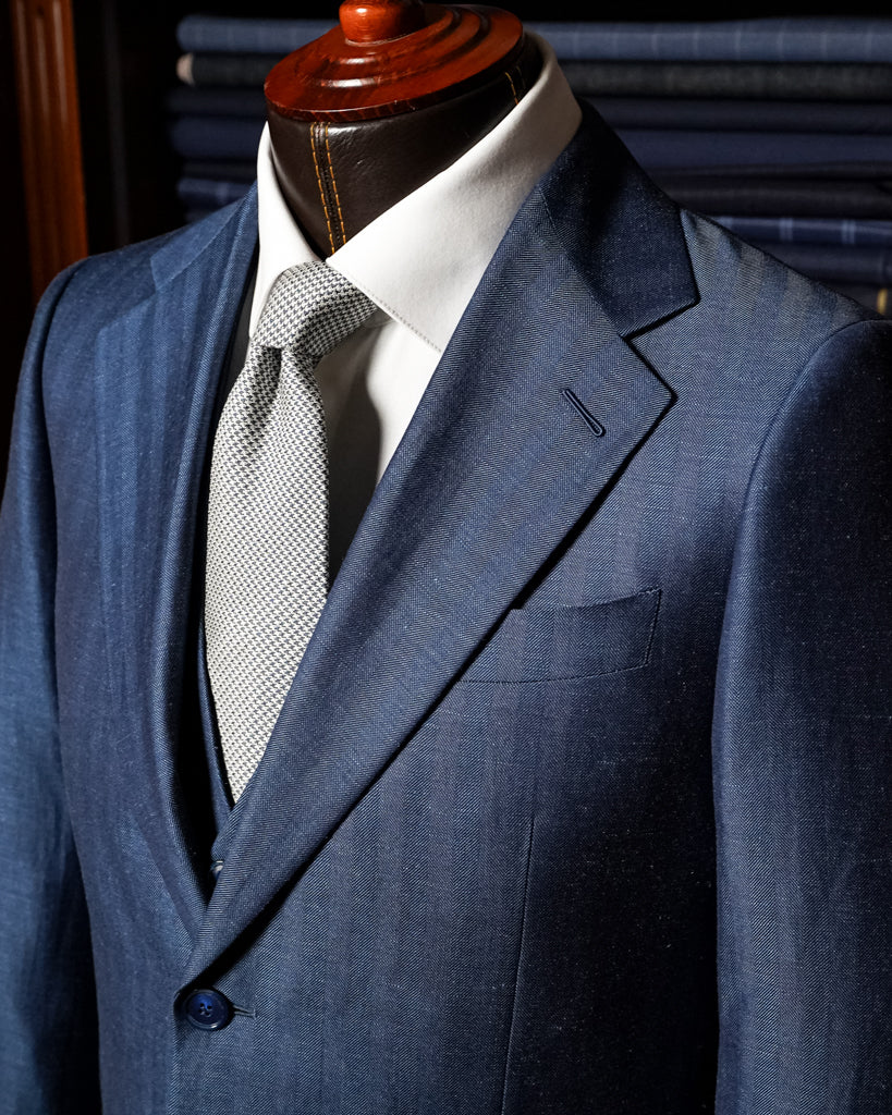 Giotto Herringbone Blue Linen suit with Vest