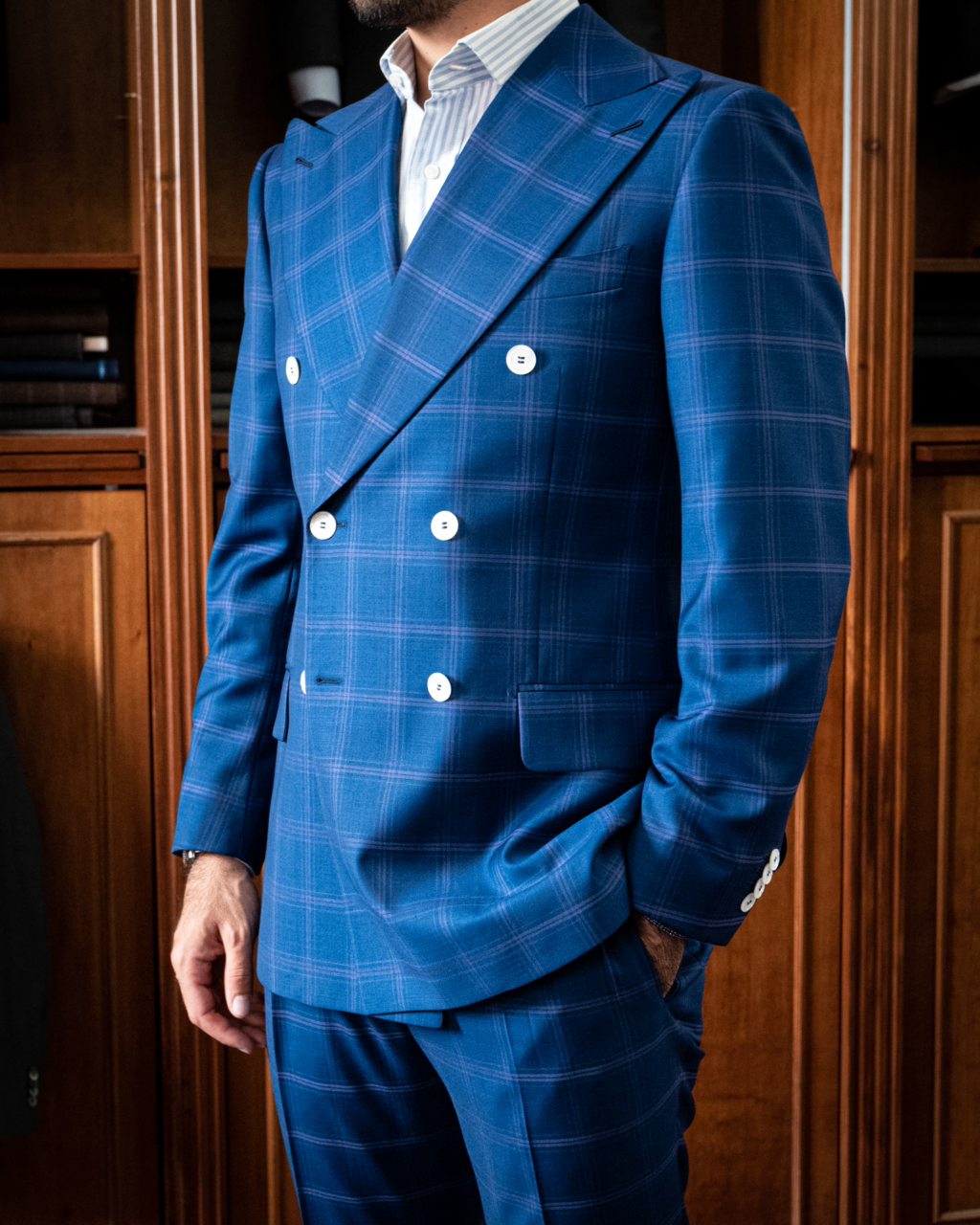 Double-breasted Grinta Navy Blue Checked Suit