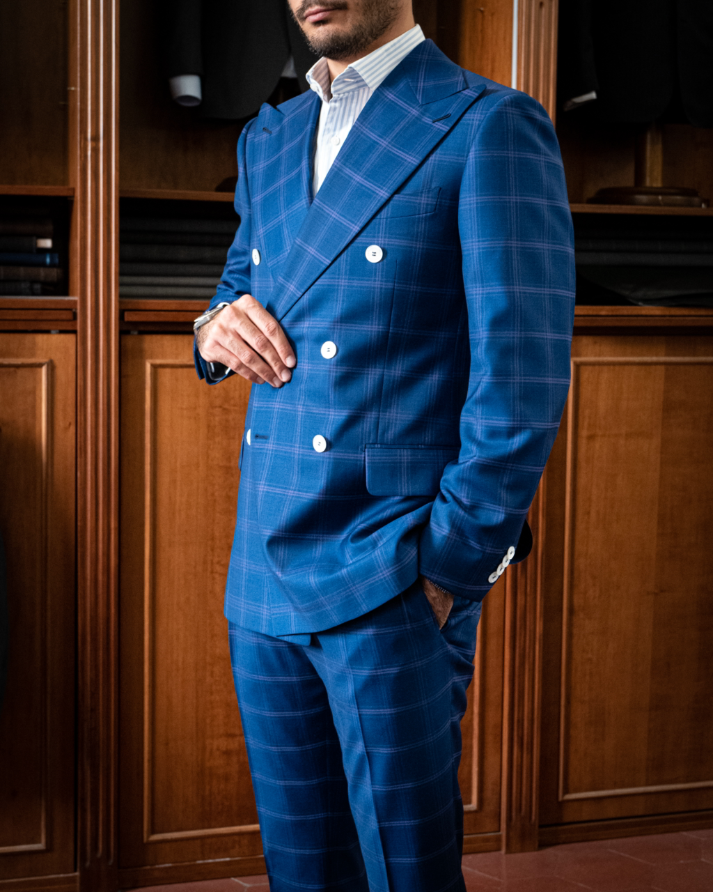 Double-breasted Grinta Navy Blue Checked Suit