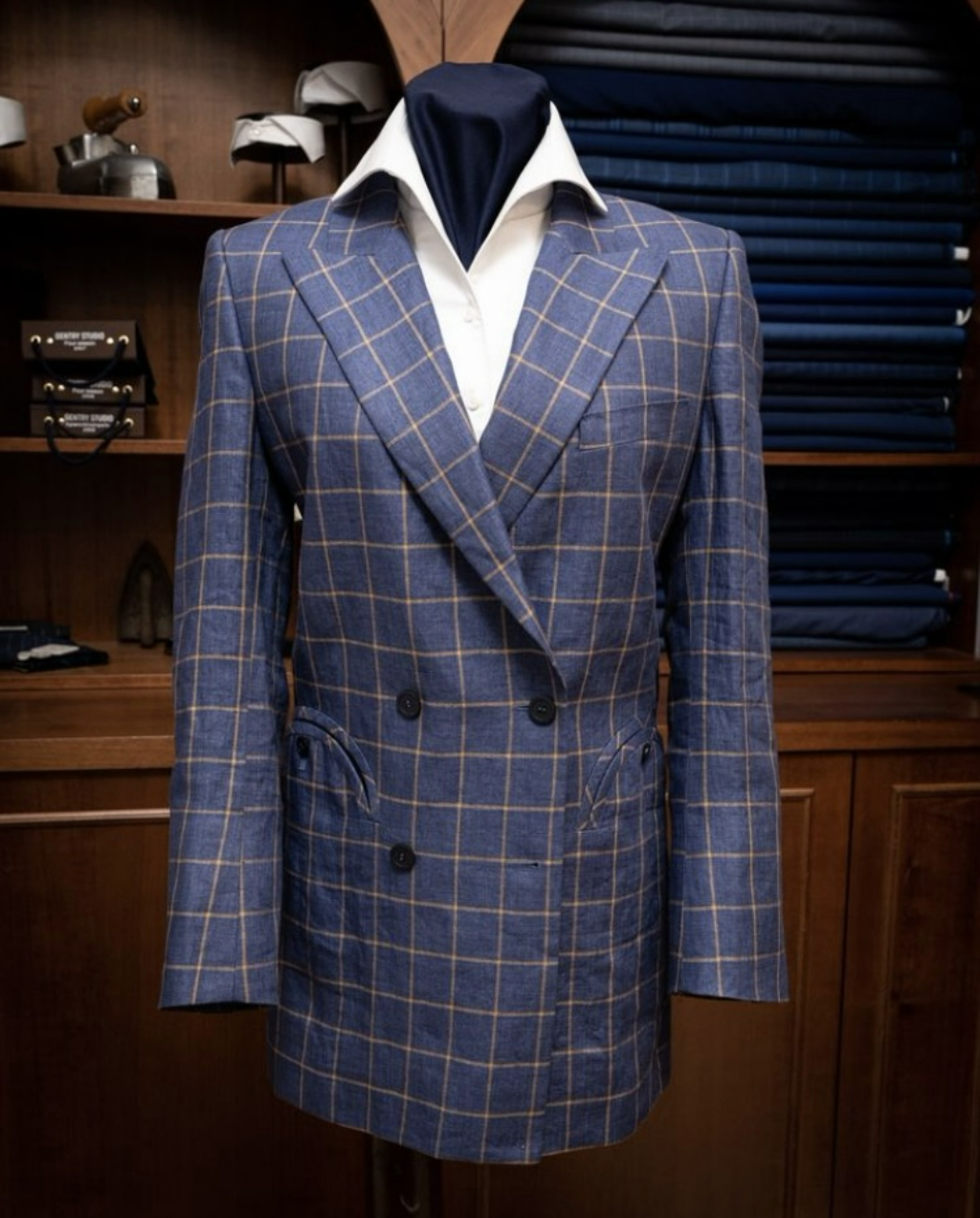Double-breasted Blue Checked Blazer