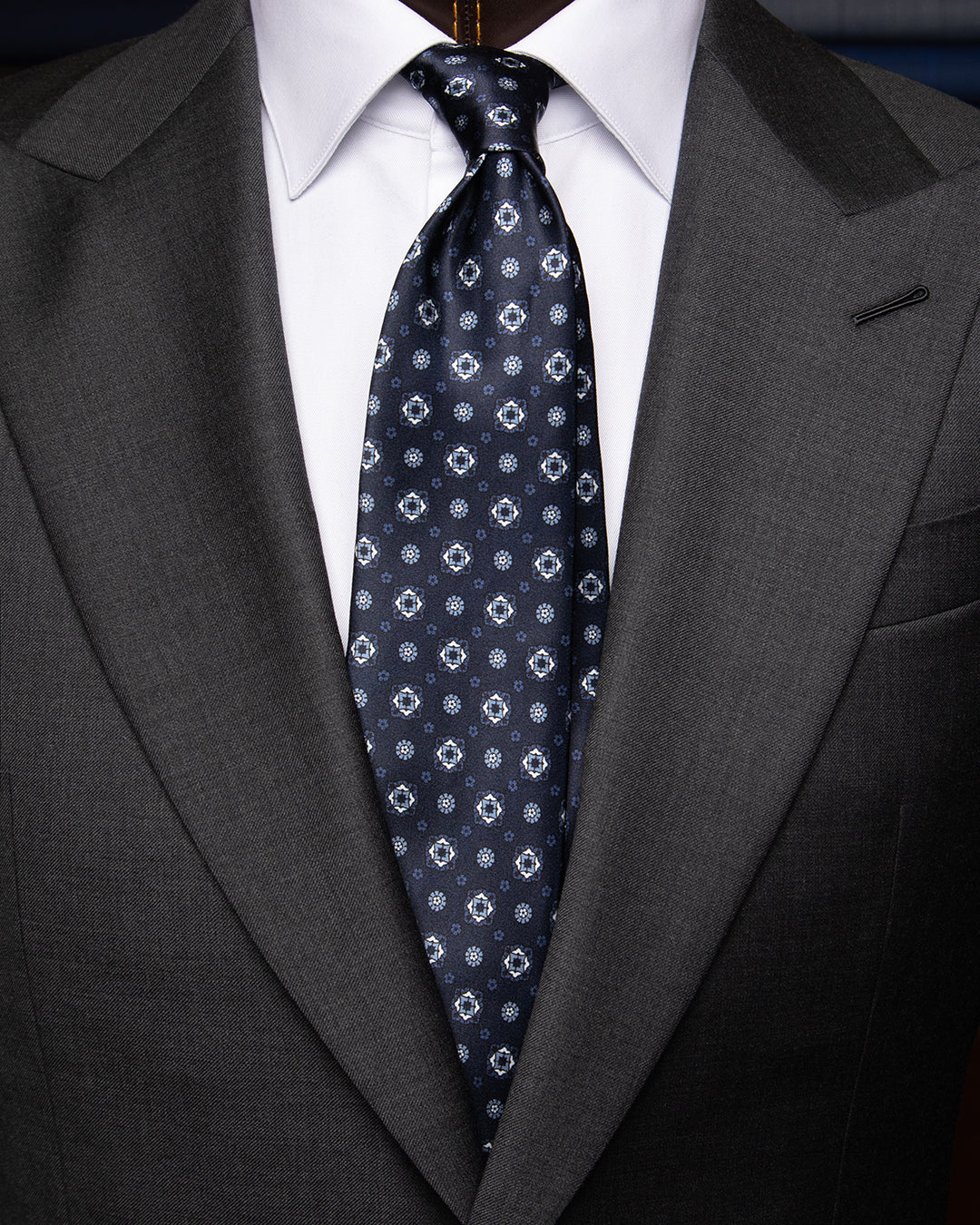Midnight Blue Tie with Diamonds and Blue Flowers