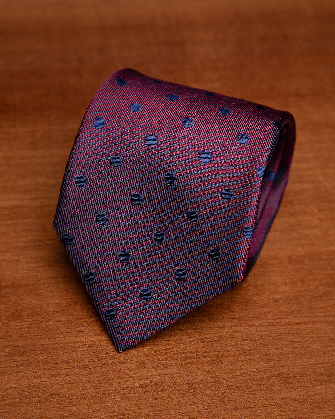 Bordeaux Tie with Blue Polka Dots