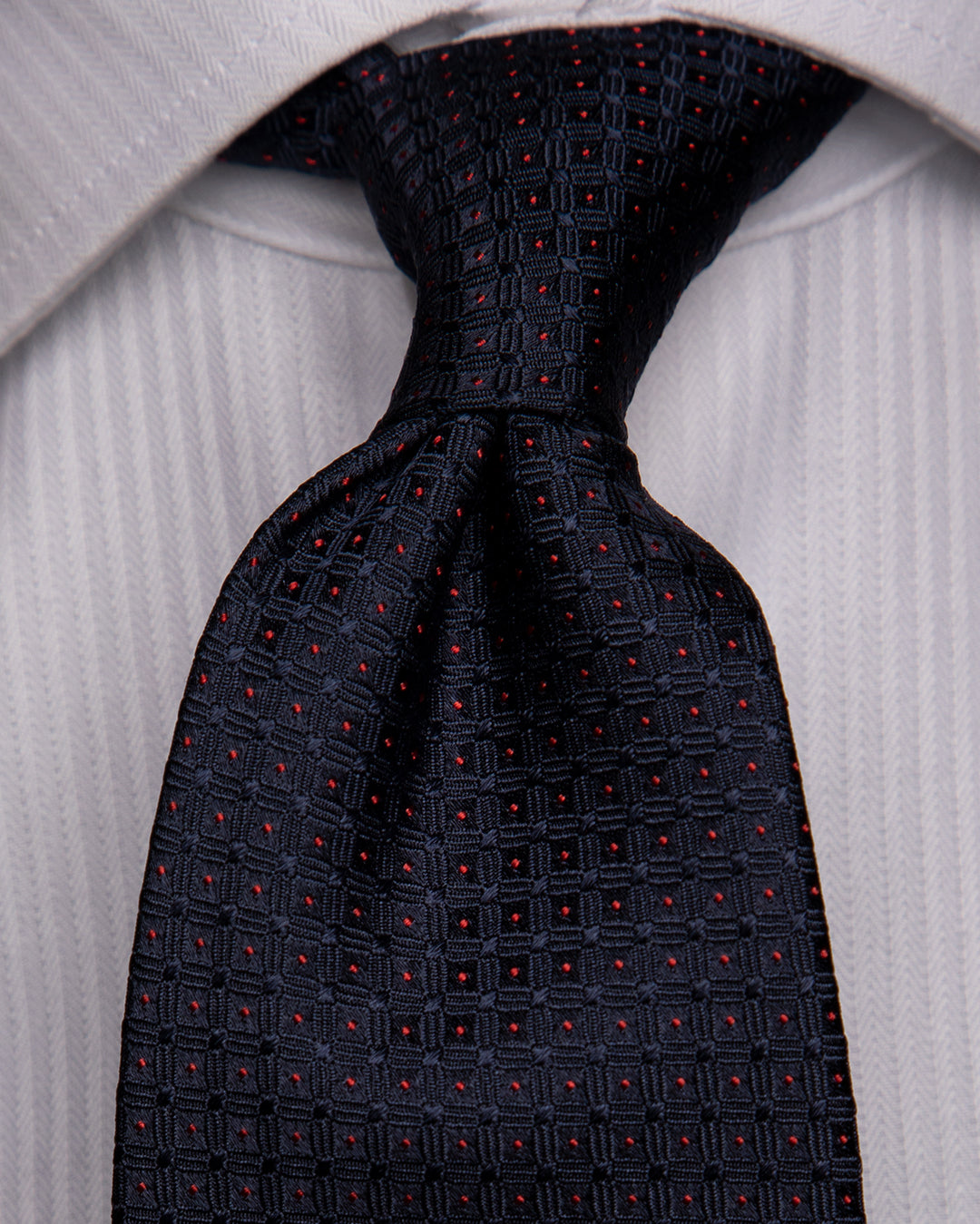 Midnight Blue Jacquard Tie with Midnight Blue Grid and Red Dots