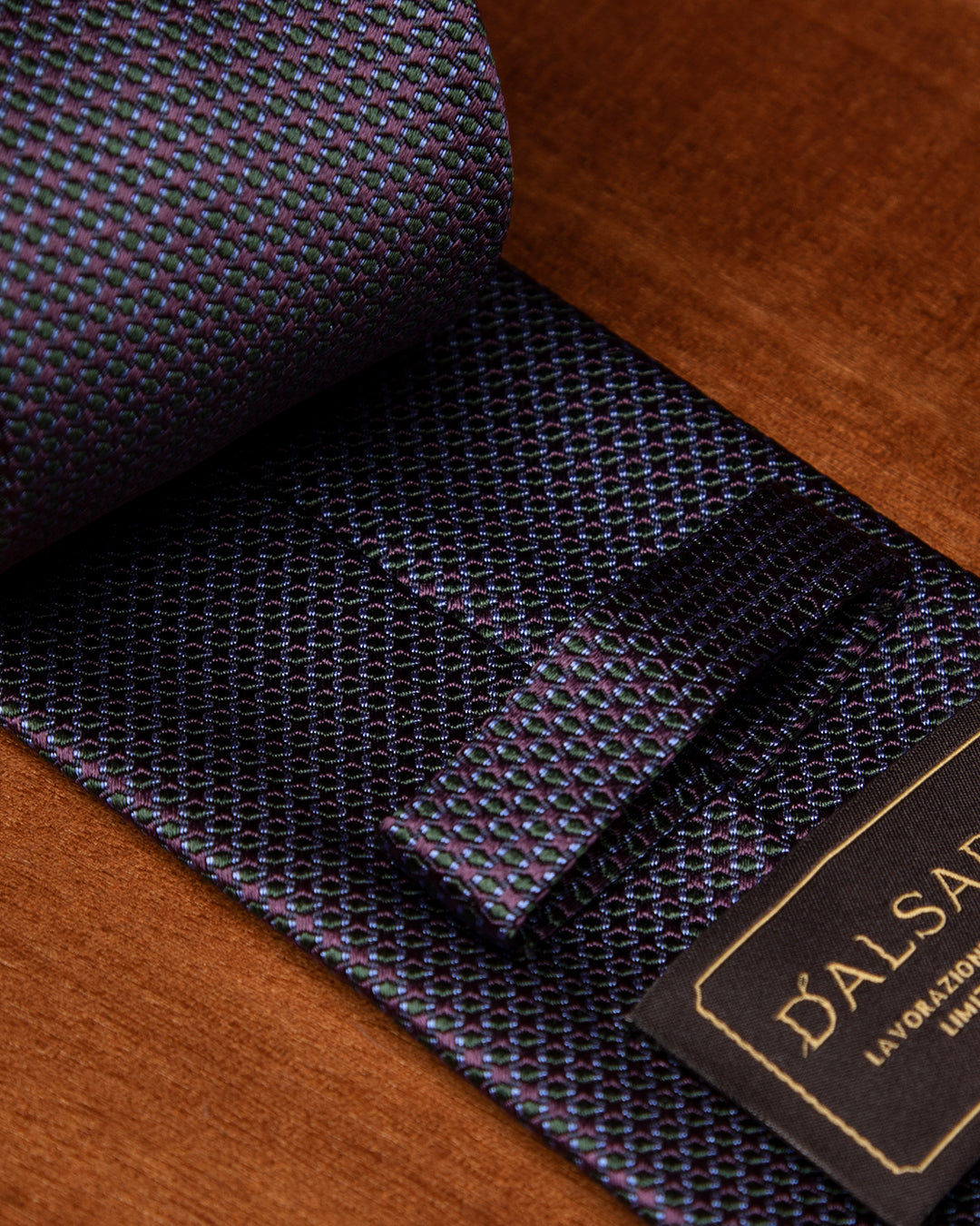 Cravatta Jacquard Blu Notte Con Microtrama Verde Ottanio E Malva