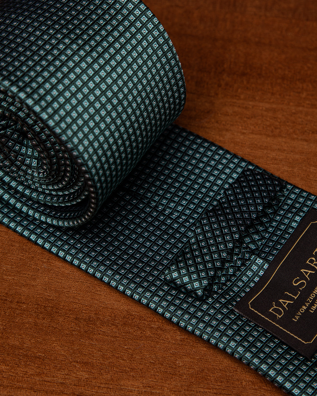 Teal Green Jacquard Tie with Blue Micro-Checks