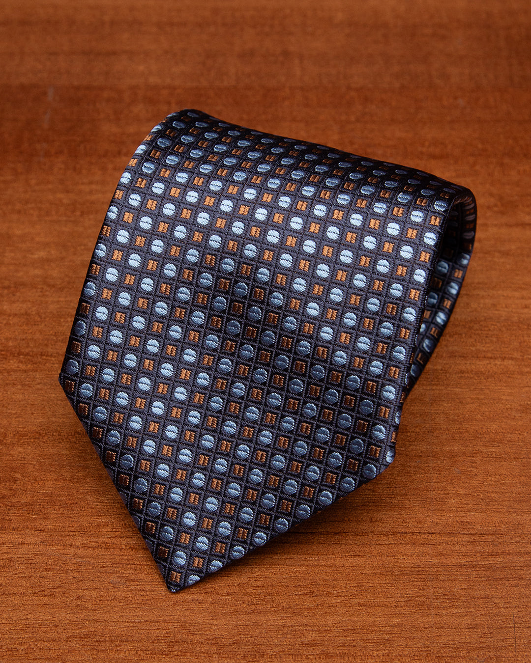 Orange and Blue Check and Circle Tie